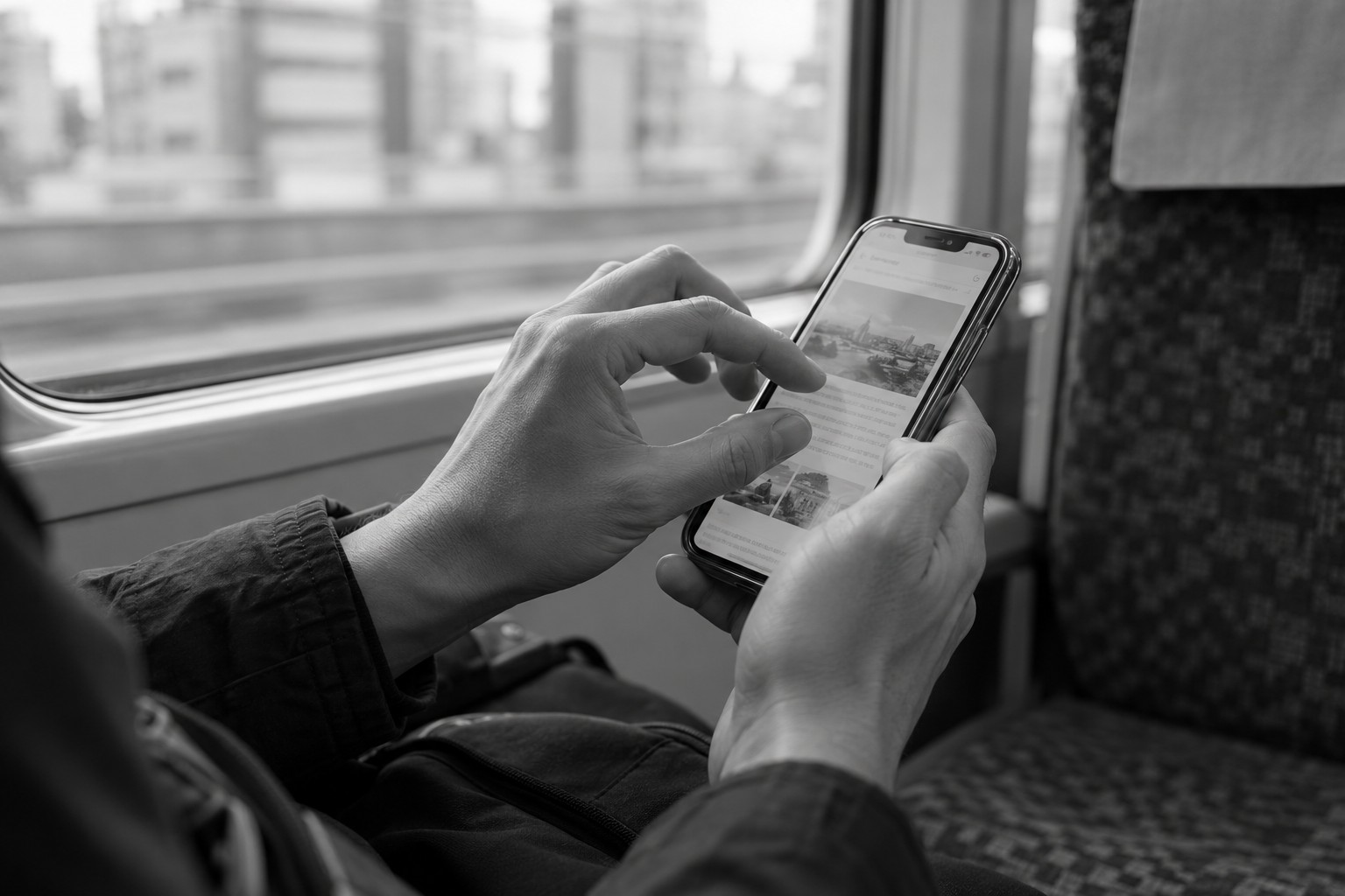 電車の中でスマホの画面を指で広げる手元のイメージ(AI生成画像)